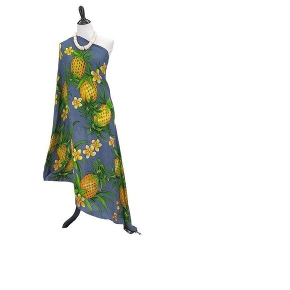 Gray Yellow Pineapple Plumeria MAXI SARONG Kīkepa Pareo Beach Wrap Skirt - Picture 4 of 5